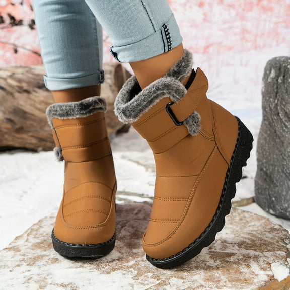 Willtoo Women's Pu Waterproof Snow Boots Winter Plus Velvet Non-Slip Warm Outdoor Ankle Boots Suitable For Light Camping Fur Lined Sneaker Ginger