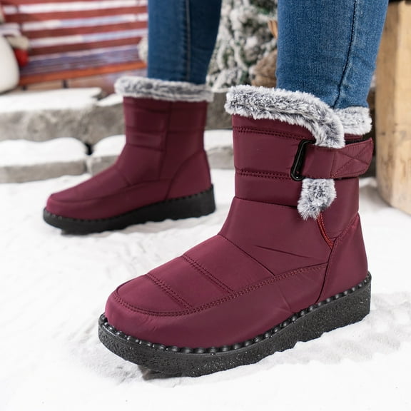 Willtoo Women's Pu Waterproof Snow Boots Winter Plus Velvet Non-Slip Warm Outdoor Ankle Boots Suitable For Light Camping Fur Lined Sneaker Wine