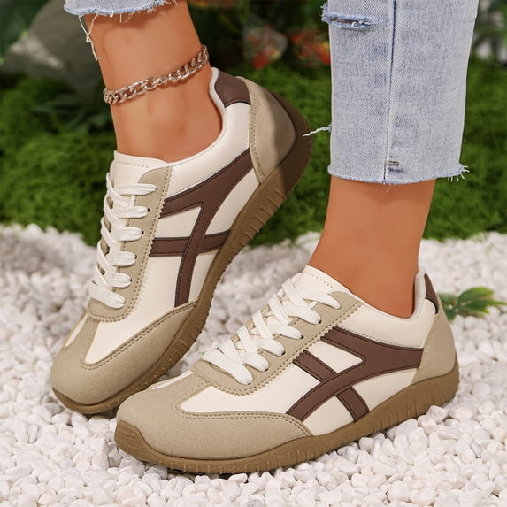 Willtoo Women's Retro Two-Tone Low-Top Lace-Up Sneakers, Slip-On Faux Suede Non-Slip Fashionable Casual Walking Shoes