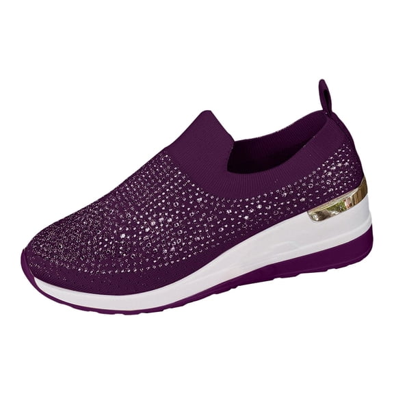 Willtoo Women's Rhinestone Decor Platform Sneakers Slip-On Outdoor Shoes, Women's Glitter Sparkly Fashion Sneakers Purple 8 Wide