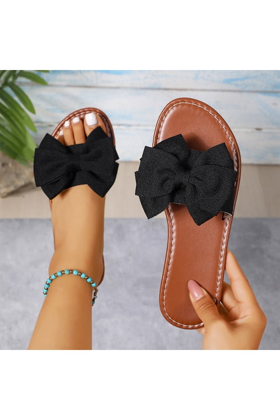 Women's Round Toe Bow Flat Sandals, Soft Slides Open-Toe Summer Slippers