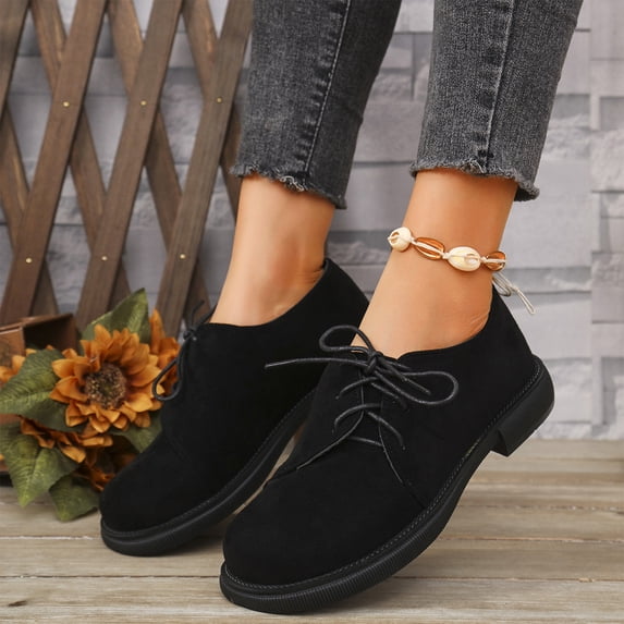 Willtoo Women’s Round Toe Lace‑up Oxford Shoes, Low Block Heel Vintage Casual Loafers, Soft Upper Non‑Slip Daily Dress Flats Slip On Office Travel Shopping Daily Walking Shoes
