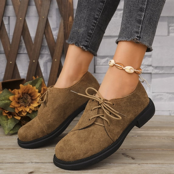 Willtoo Women’s Round Toe Lace‑up Oxford Shoes, Low Block Heel Vintage Casual Loafers, Soft Upper Non‑Slip Daily Dress Flats Slip On Office Travel Shopping Daily Walking Shoes