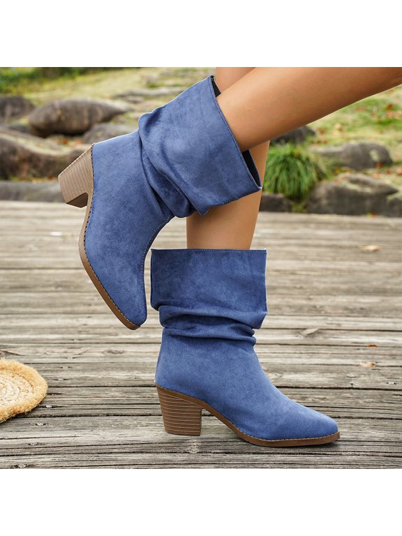 Women's Faux Suede Ankle Boots, Slouchy Ruched Chunky Heel Booties, Round Toe Comfortable Pull-On Casual Shoes