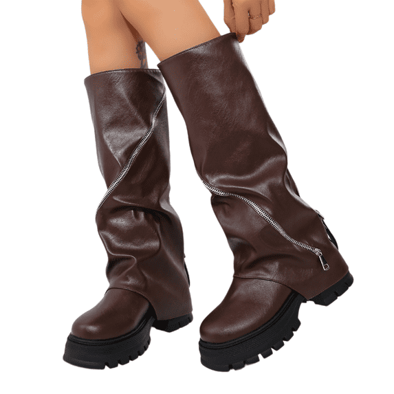 Willtoo Women’s Ruched Slouch Mid‑Calf Platform Boots, Faux Leather Lug Sole Chunky Block Heel Boots, Full Side Zipper Trendy Street‑Style Boots