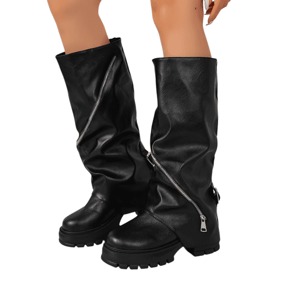 Willtoo Women’s Ruched Slouch Mid‑Calf Platform Boots, Faux Leather Lug Sole Chunky Block Heel Boots, Full Side Zipper Trendy Street‑Style Boots