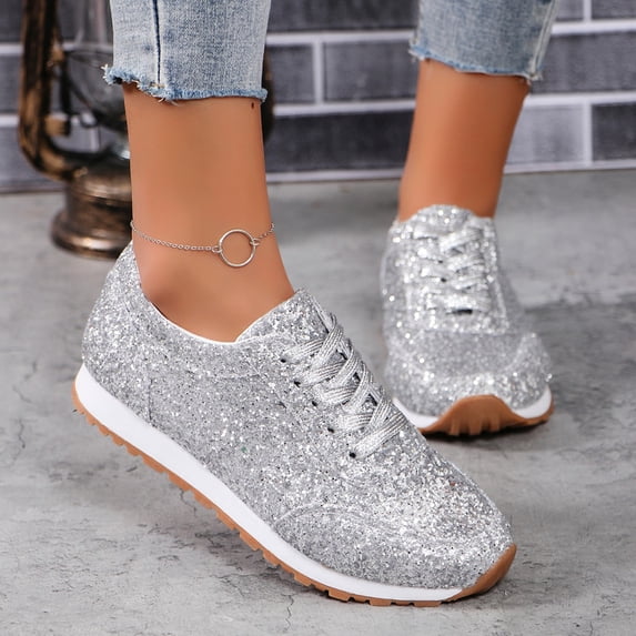 Willtoo Women's Sequins Casual Sport Shoes Glitter Sparkly Fashion Sneakers Orthopedic Shoes Shiny Casual Shoes Bling Sequin Concert Low Cut Lace up Shoes