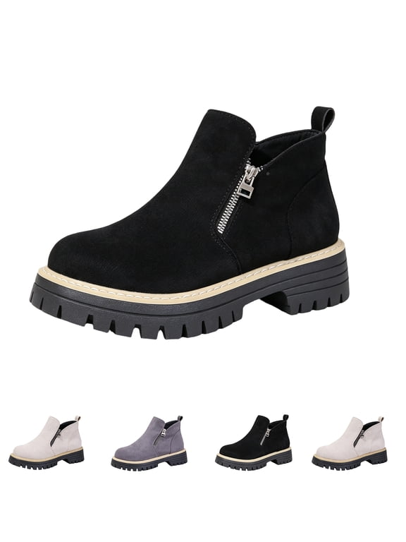 Women’s Side Zip Platform Ankle Boots, Fall Winter Faux Suede Chunky Lug Sole Chelsea Booties, Slip On Comfort Non-Slip Short Fashion Boots