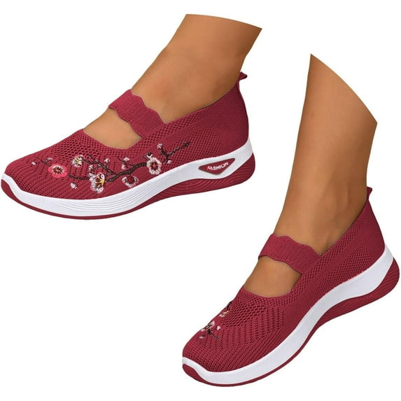 Willtoo Women's Slip on Sneakers Shoes Woven Orthopedic Breathable Soft Shoes Walking Diabetic Foam Shoes Hands Free Slip in, Soft Walking Shoes for Women Red 10 Wide