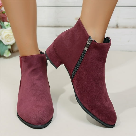 Willtoo Women's Slip on Ankle Boot, Western Almond Round Toe Low Heel Elastic Bootie Wine