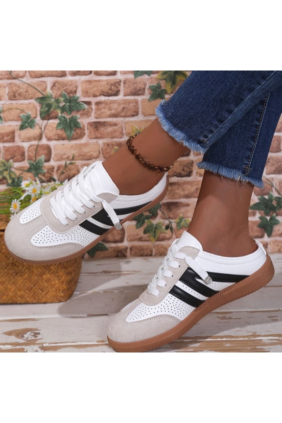 Women's Slip on Sneakers, Fashionable Contrast Backless Sneakers, Casual Mesh Open Back Lace Up Walking Sports Shoes