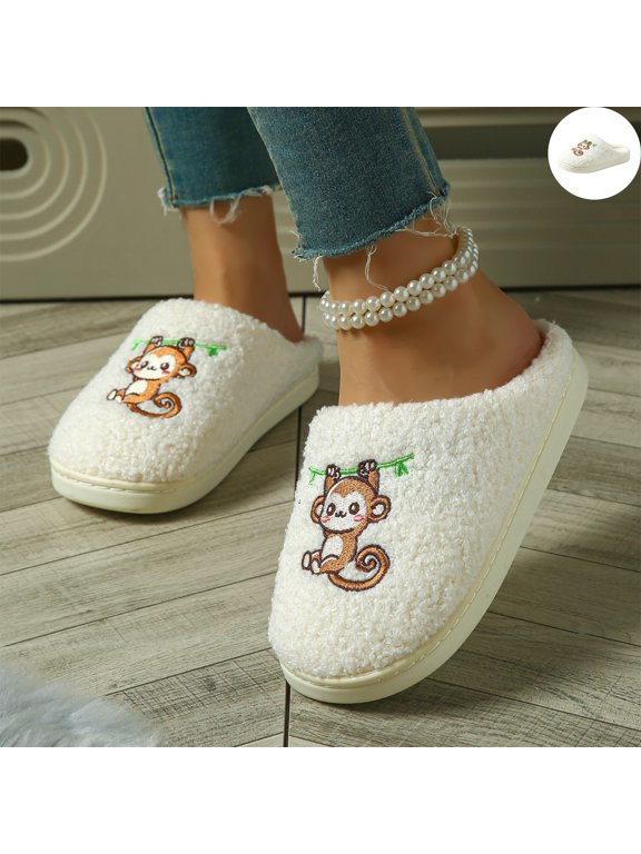Women's Slippers Fuzzy Cushioned Comfort Slip-On House Shoes, Closed Toe Plush Cute Embroidered Indoor Outdoor Slippers Warm Soft Non Slip Slippers