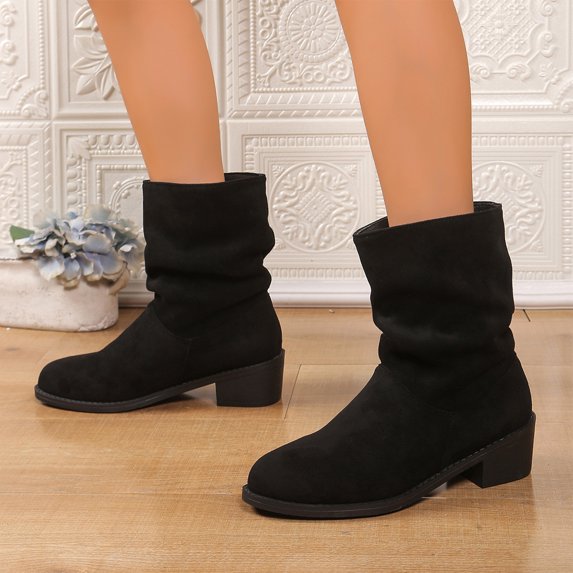 Willtoo Women's Slouch Ruched Mid Calf Ankle Boots, Faux Suede Round Toe Low Block Heel Back Zipper Booties, Casual Fall Winter Fashion Short Boots