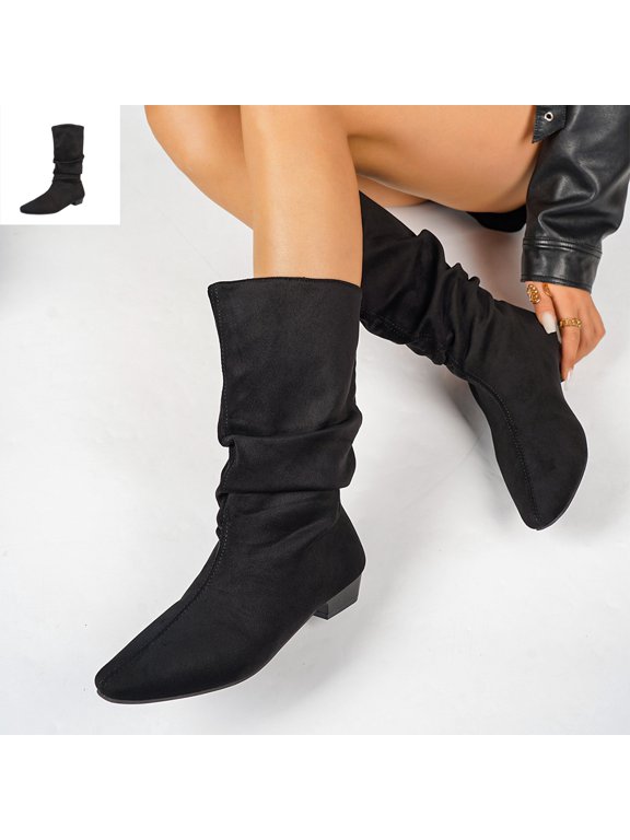 Women's Slouchy Knee High Boots, Pointed Toe Low Heel Pull On Tall Faux Suede Boots, Ruched Wide Calf Fall Winter Dress Boots