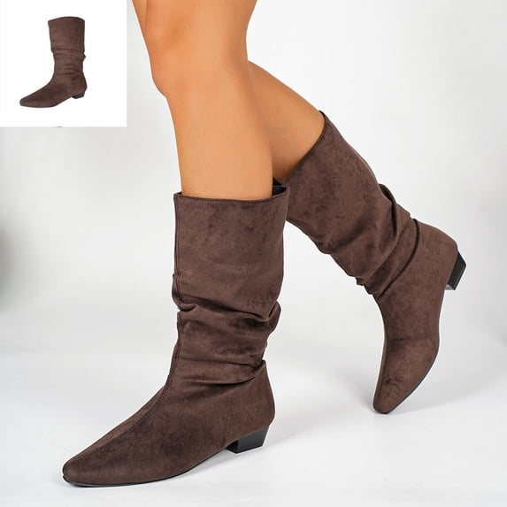 Willtoo Women's Slouchy Knee High Boots, Pointed Toe Low Heel Pull On Tall Faux Suede Boots, Ruched Wide Calf Fall Winter Dress Boots