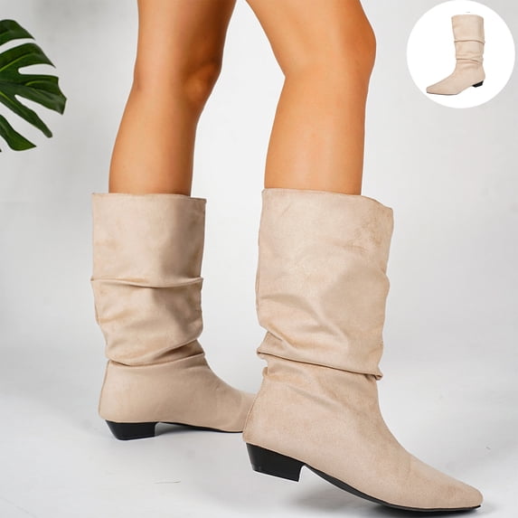 Willtoo Women's Slouchy Knee High Boots, Pointed Toe Low Heel Pull On Tall Faux Suede Boots, Ruched Wide Calf Fall Winter Dress Boots