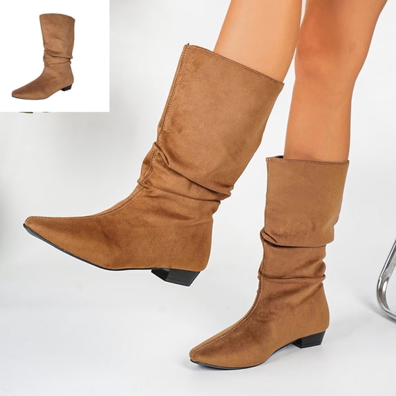 Willtoo Women's Slouchy Knee High Boots, Pointed Toe Low Heel Pull On Tall Faux Suede Boots, Ruched Wide Calf Fall Winter Dress Boots