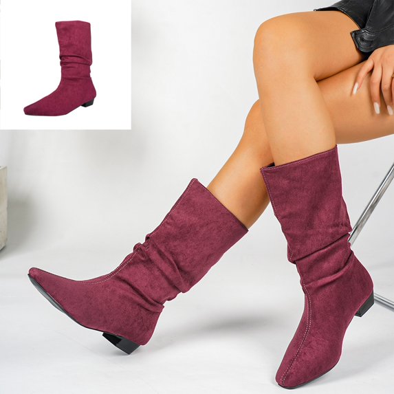 Willtoo Women's Slouchy Knee High Boots, Pointed Toe Low Heel Pull On Tall Faux Suede Boots, Ruched Wide Calf Fall Winter Dress Boots