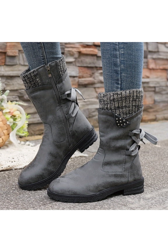 Women's Snow Boots Winter Warm Round Toe Lace Up Boot Western Platform Cowboy Boots Hiking Booties Non Slip Outdoor Mid Calf Boots Shoes Gray