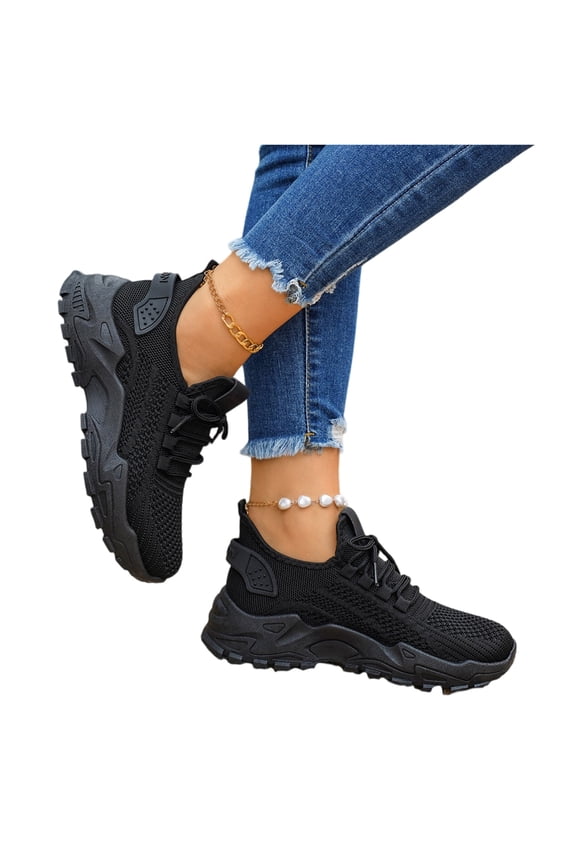 Women's Solid Color Breathable Knit Running Shoes - Lightweight Soft Sole Sneakers for Walking, Gym, Sports - Anti-Slip Lace-Up Low-Top Athletic Shoes