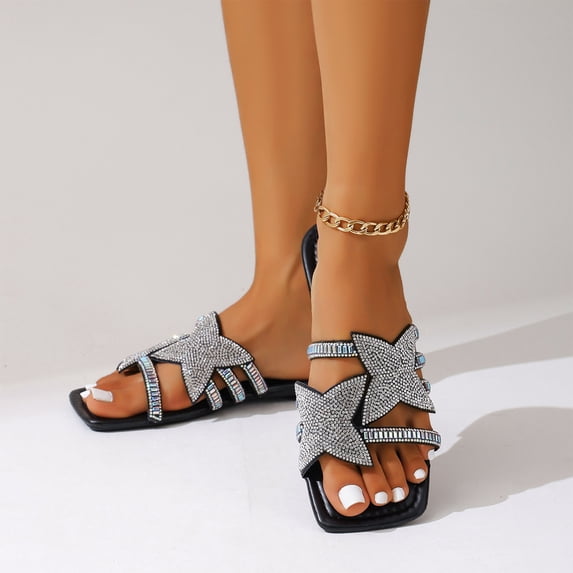 Willtoo Women's Sparkly Rhinestone Star Summer Sandals 2026 Wedding Glitter Bling Strappy Flats
