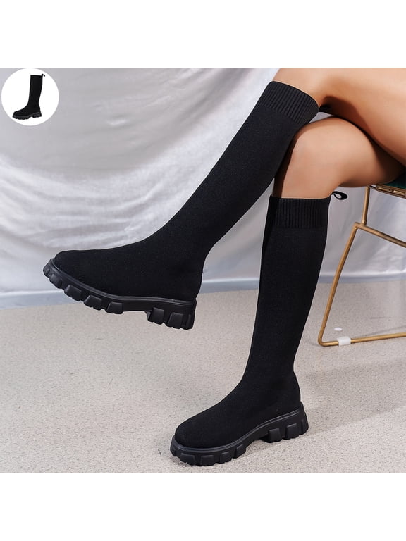 Women’s Stretch Knit Knee‑High Sock Boots, Thick Lug Sole Platform Fashion Winter Boots, Comfortable Non Slip Casual Pull On Boots