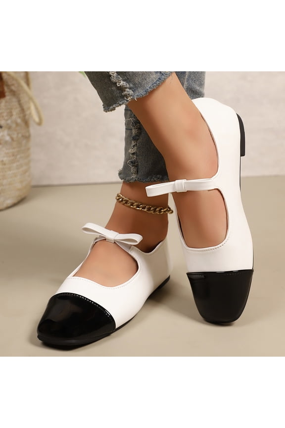 Women's Stylish Closed Cap Toe Matte Leather Two-Tone Instep Strap MaryJane Ballet Flats Office Lady Comfort Round Toe Dress Flat Pumps Shoes