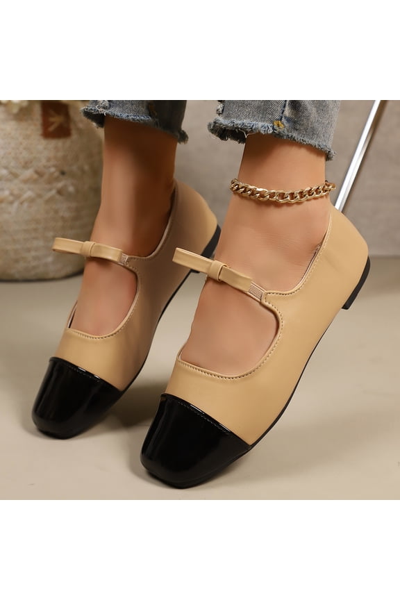 Women's Stylish Closed Cap Toe Matte Leather Two-Tone Instep Strap MaryJane Ballet Flats Office Lady Comfort Round Toe Dress Flat Pumps Shoes