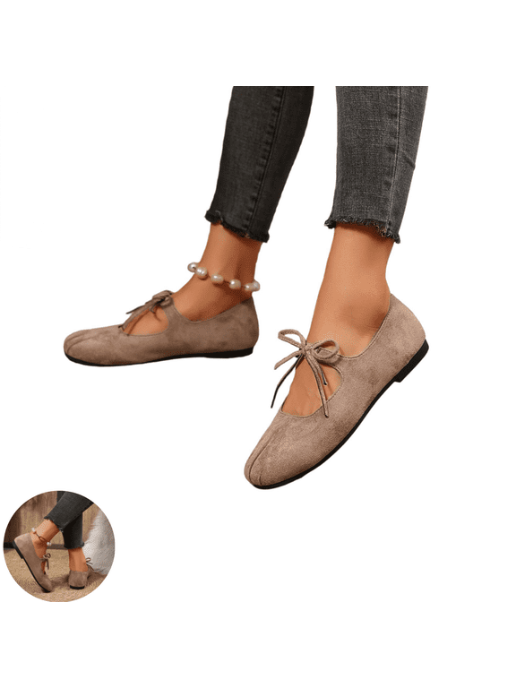 Women's Suede Ballet Flats Lace Up Round Toe Comfortable Mary Jane Shoes Casual Walking Soft Sole Slip On Flats