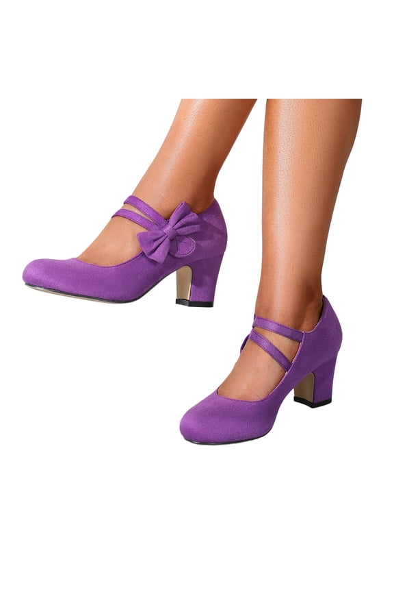 Women's Suede Bow Chunky Heel Mary Jane Pumps Fashion Round Toe Low Heels Ankle Strap Wedding Evening Party Dress Shoes