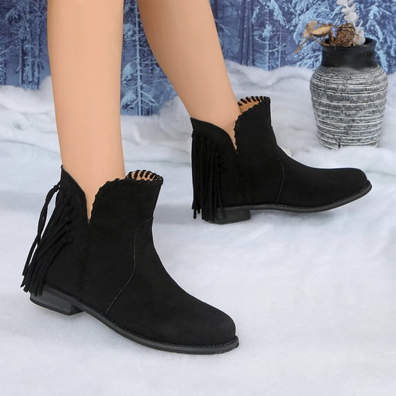 Willtoo Women's Suede Fringe Ankle Boots, Low Block Heel Western Cowgirl Short Booties, Vintage Side Tassel Cowboy Boots, Slip On Casual Fall Winter Daily Walking Shoes