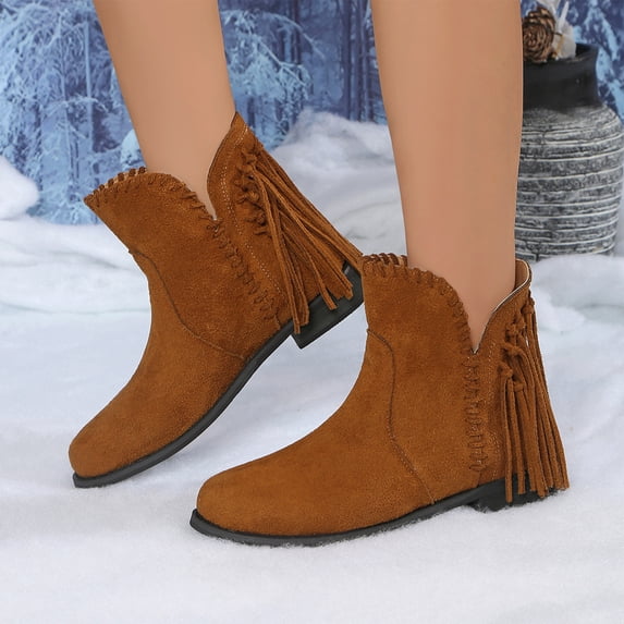 Willtoo Women's Suede Fringe Ankle Boots, Low Block Heel Western Cowgirl Short Booties, Vintage Side Tassel Cowboy Boots, Slip On Casual Fall Winter Daily Walking Shoes