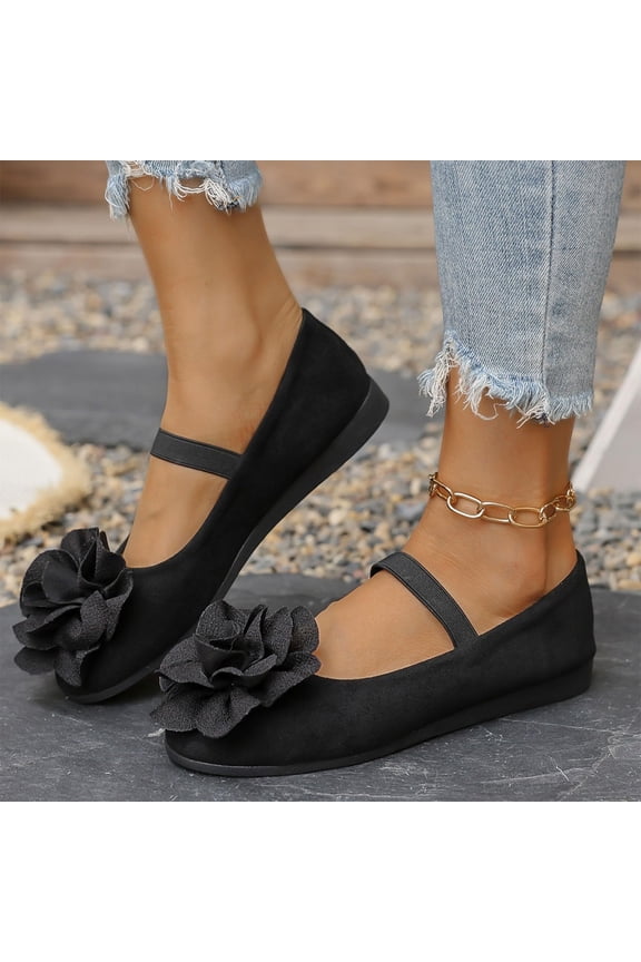 Women's Sweet Coquette Mary Jane Flats, 3D Camellia Flower Elastic Strap Ballet Shoes