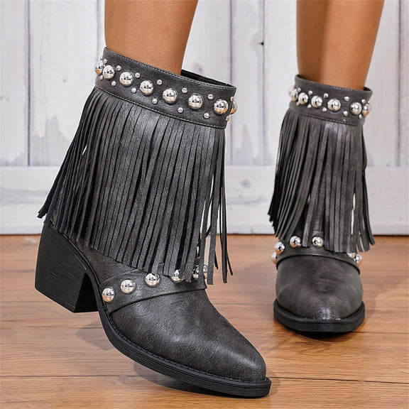 Willtoo Women's Tassel Cowboy Cowgirl Boots with Studded Dress Ankle Booties Fringe Chunky Heel Western Boots Gray
