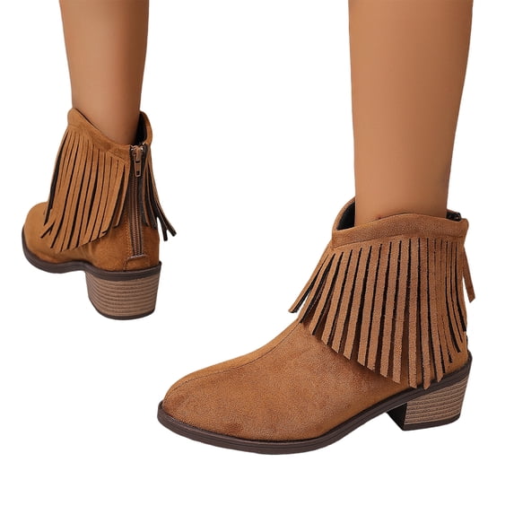 Willtoo Women's Tassel Flat Ankle Boots Faux Suede Pointed Toe Warm Plush Lining Pull-on Low Stacked Heel Booties Fall Winter Outdoor Dress Boots