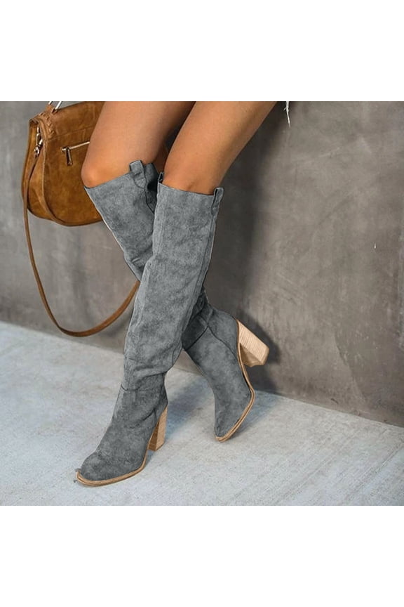 Women's Thigh High Boots Fashion Casual Suede Over The Knee Block High Heels Long Sexy Pointed Toe Tall Boots for Women Ladies Gray US-5.5(EU-36)