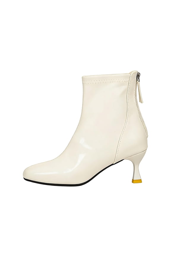 Women's Versatile Cool Shiny Patent Leather Ankle Boots for Fall and Winter with High Heel Comfortable and Fashionable White