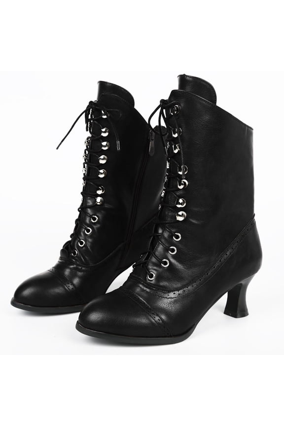 Women's Victorian Ankle Boots - Mid Calf, Round Toe, Black Boots with Chunky Heel & Lace Up Detail Black 9.5