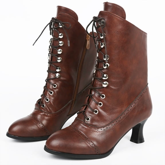 Willtoo Women's Victorian Ankle Boots - Mid Calf, Round Toe, Black Boots with Chunky Heel & Lace Up Detail Brown 9