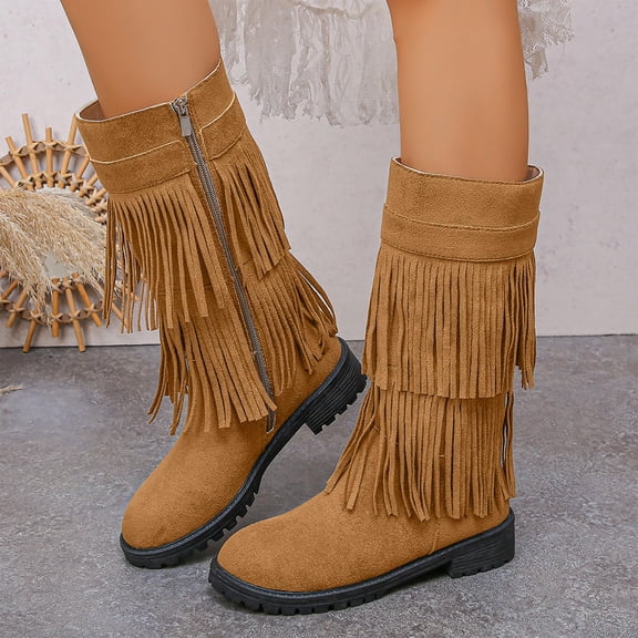 Willtoo Women's Vintage 2-Layer Fringe Suede Mid-Calf Boots,Round Toe Hidden Height Lifting Hippie Low Flat High Boots Brown