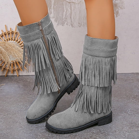 Willtoo Women's Vintage 2-Layer Fringe Suede Mid-Calf Boots,Round Toe Hidden Height Lifting Hippie Low Flat High Boots Gray