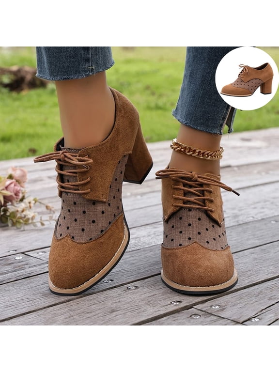Women's Vintage Color Block Chunky Heels, Polka Dot Lace-Up Oxford Pumps, Round Toe Elegant Dress Shoes