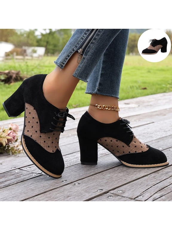Women's Vintage Color Block Chunky Heels, Polka Dot Lace-Up Oxford Pumps, Round Toe Elegant Dress Shoes