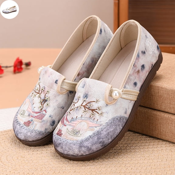 Willtoo Women's Vintage Embroidered Loafers, Floral Slip-On Comfortable Flat Shoes with Pearl Detail, Soft Non-Slip Casual Walking Shoes