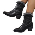 thumbnail image 1 of Willtoo Women's Vintage Faux Leather Fringe Ankle Boots Bohemian Retro Chunky Low Heel Shoes Winter Casual Round Toe Back Stretch Slip On Booties, 1 of 4