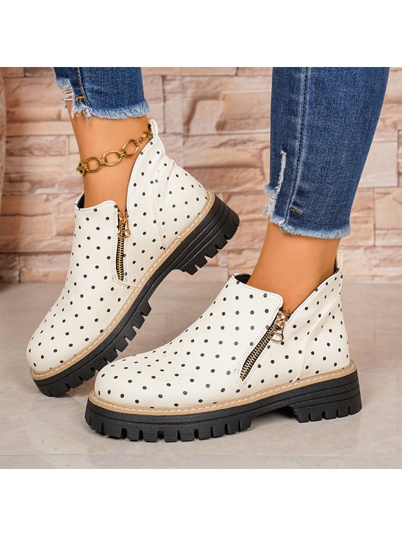 Women's Vintage Low Heel Casual Ankle Boots Fashion Round Toe Side Zipper Chunky Heels Platform Boots Comfort Non-Slip Slip On Flat Shoes