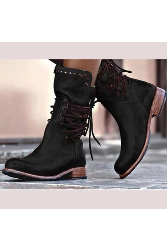 Women's Vintage Rivet Cowboy Boots Mid-Calf Boots,Non-slip Side Lace Up Mid Calf Boots Anti Slip Platform Low Heels Motorcycle Riding Short Boots For Women Winter Shoes Black