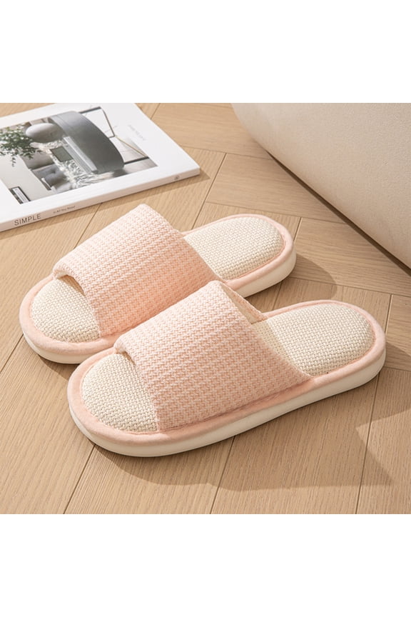 Women's Waffle Linen Knit Slippers, Open Toe Breathable House Shoes, Non Slip Sole Lightweight Indoor Spa Slides for All Seasons