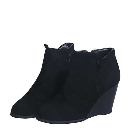 Willtoo Women's Wedge Booties,Fashion Suede Side Zipper Boots Chelsea Dress Ankle Booties Thick Heel Round Toe Ankle Shoes Black US-8(EU-40)