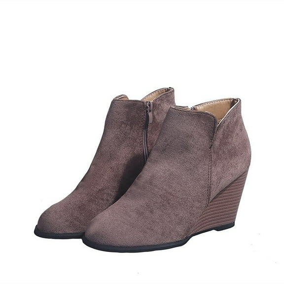 Willtoo Women's Wedge Booties,Fashion Suede Side Zipper Boots Chelsea Dress Ankle Booties Thick Heel Round Toe Ankle Shoes Coffee US-7.5(EU-39)